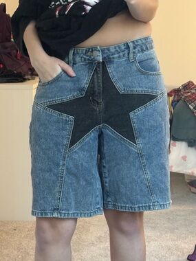 SHEIN Two-Tone Denim Star Panel Shorts - Blue & Black